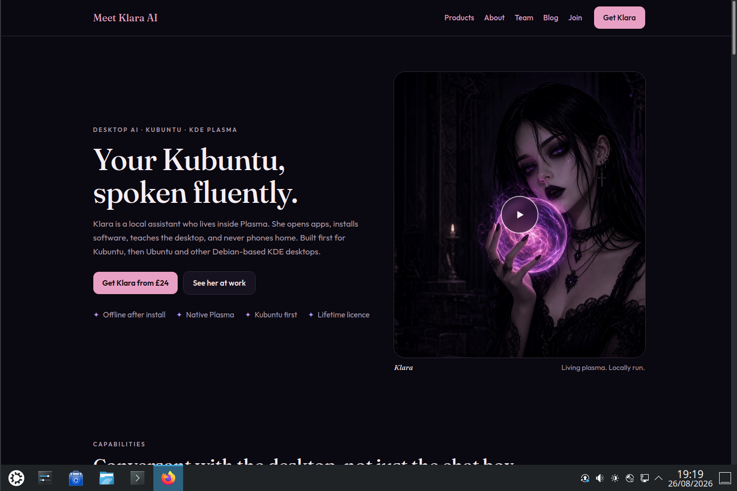 meetklara.ai home page in Firefox on Kubuntu — Your Kubuntu, spoken fluently