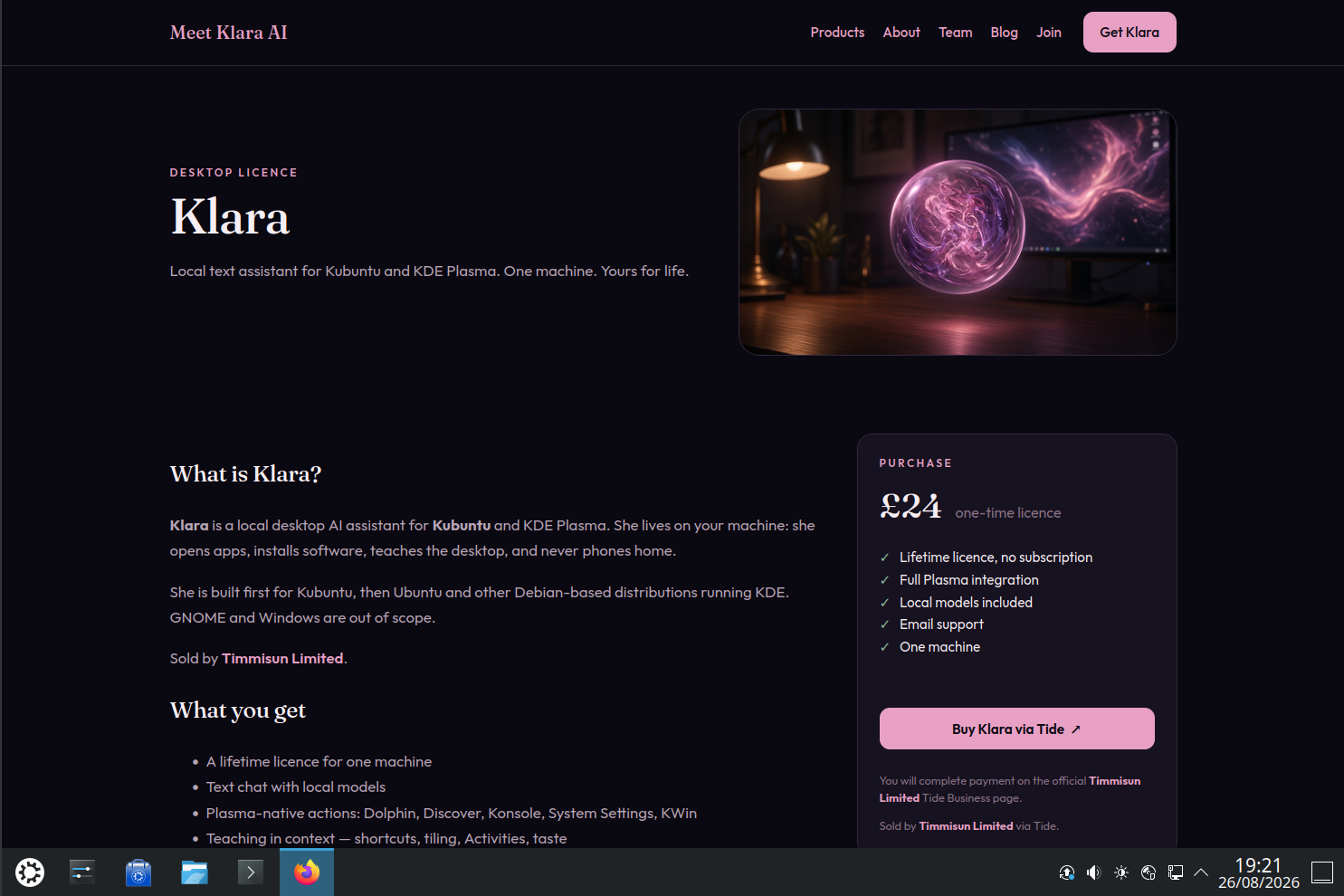 Klara product page with the £24 Tide purchase card