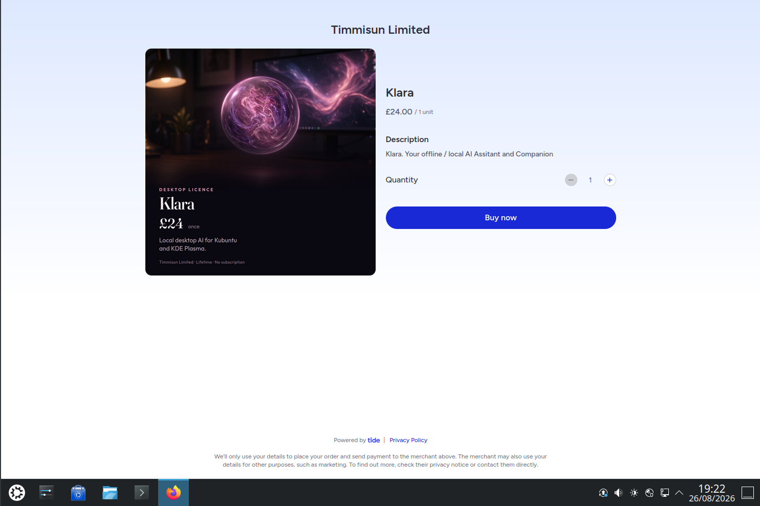 Tide Business checkout for Klara at £24, merchant Timmisun Limited