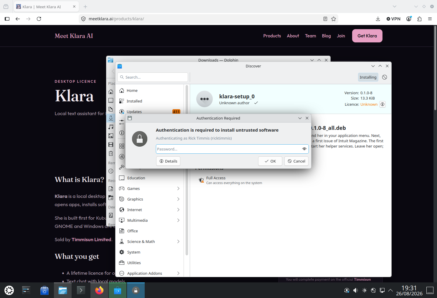 Plasma authentication dialog asking for a password to install the package