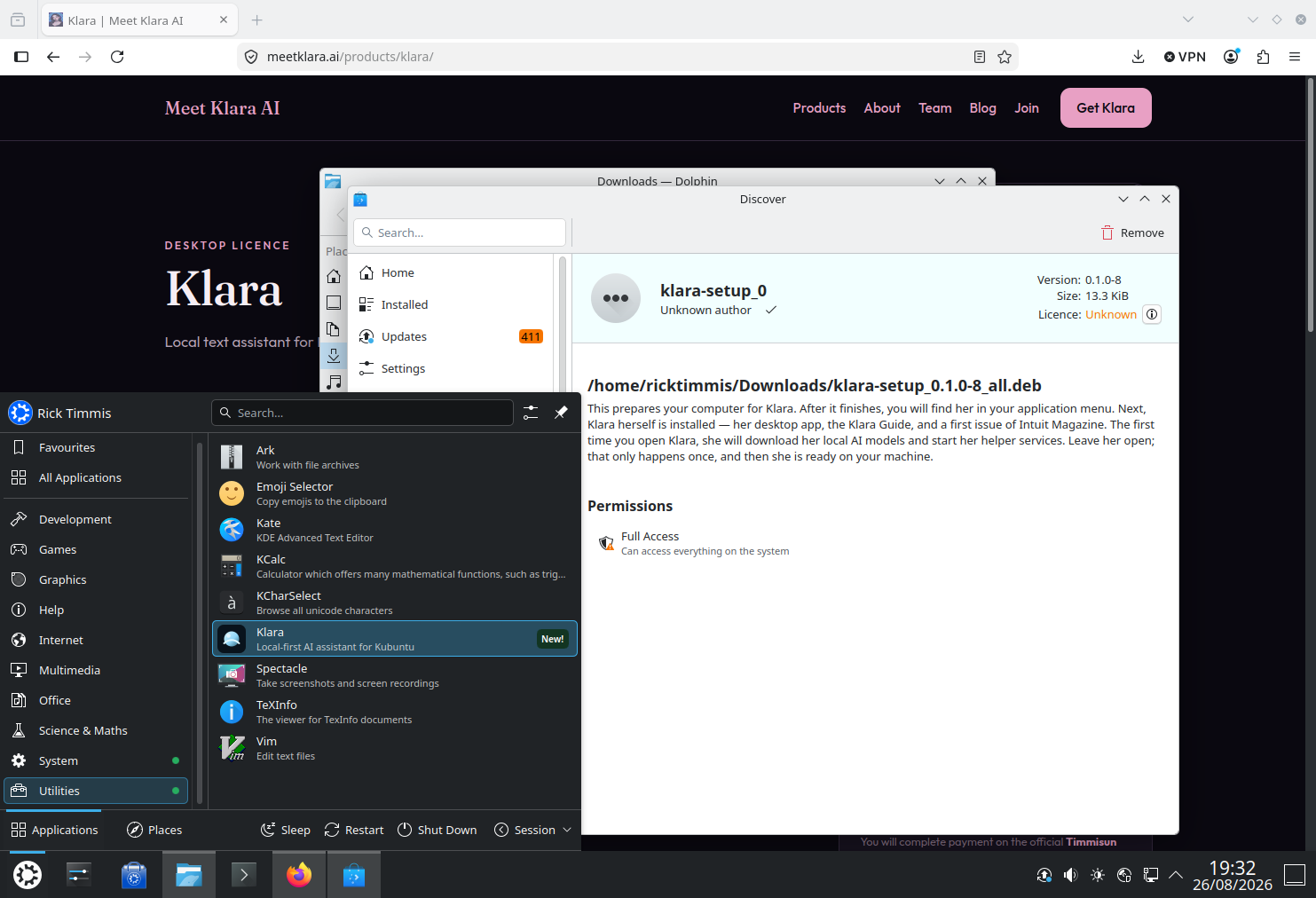 Application launcher highlighting Klara under Utilities