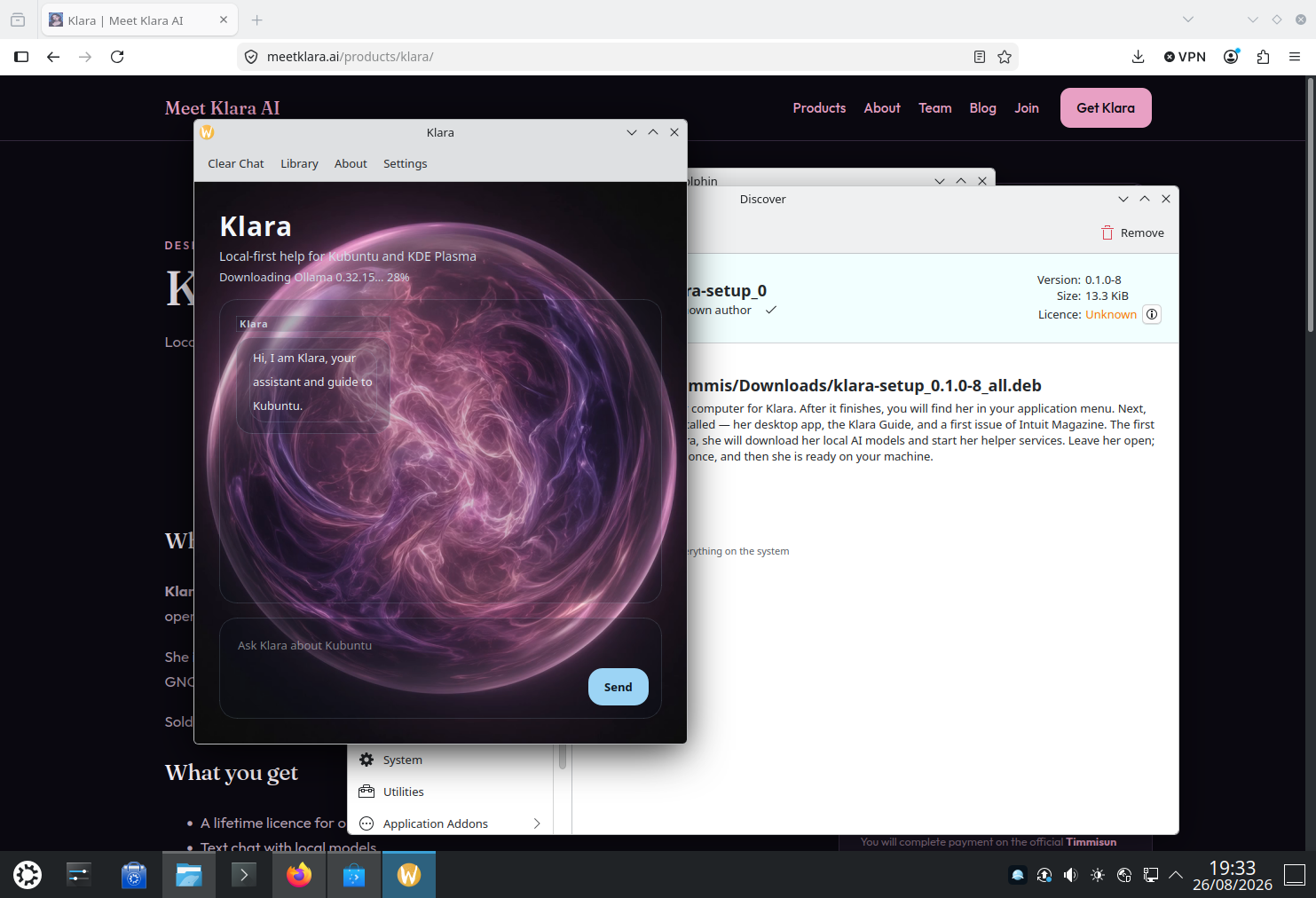 Klara window showing Downloading Ollama while a greeting waits