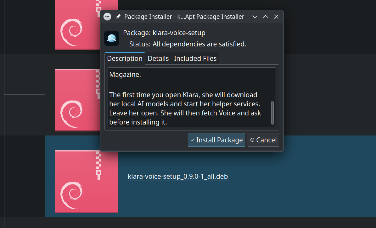 QApt Package Installer opened on a Klara setup package after a double-click on Kubuntu 24.04