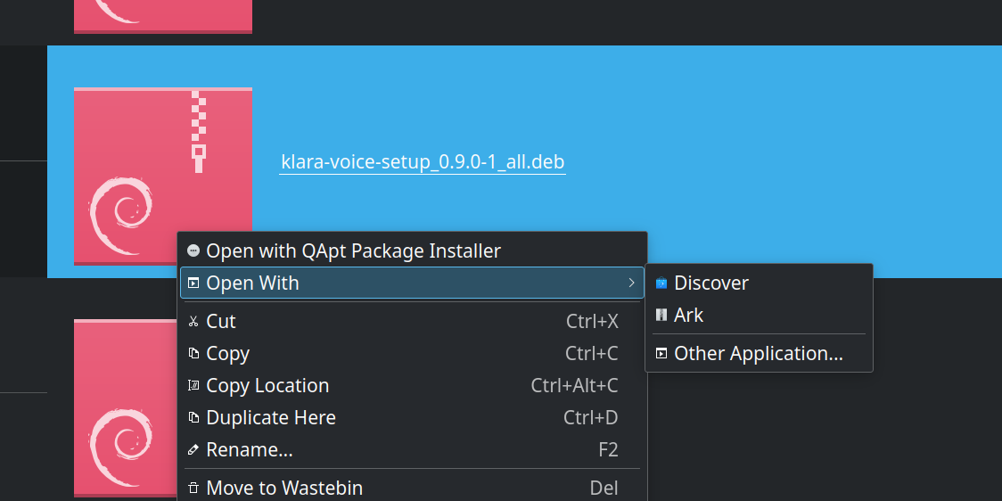 Dolphin context menu with Open With Discover selected for the Klara setup package