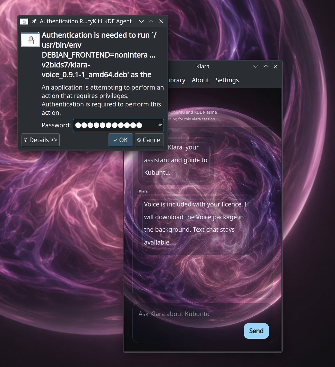 KDE authentication dialog asking for a password to install the Klara-Voice package, with Klara open behind it