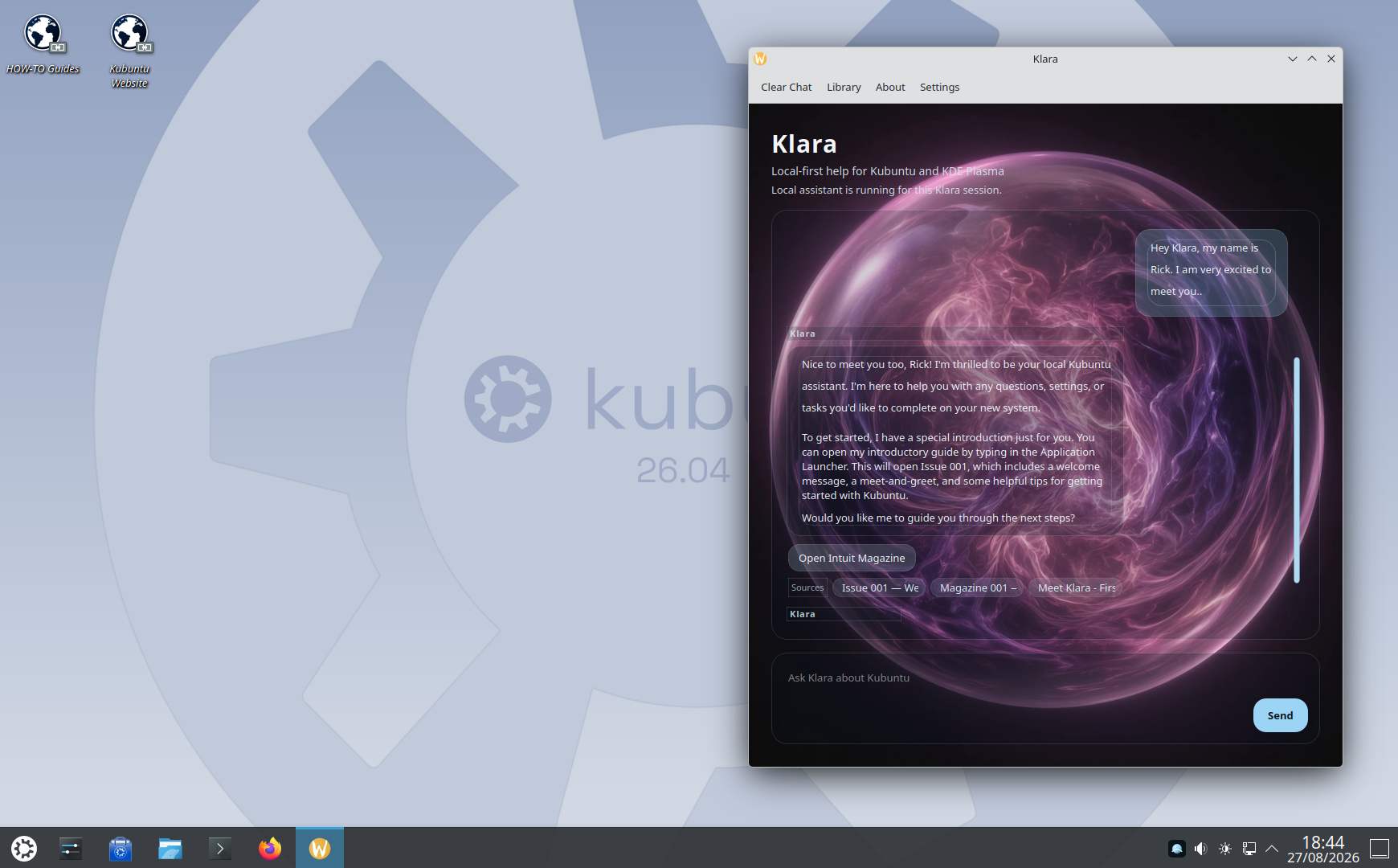 Klara on a Kubuntu 26.04 desktop answering Rick’s first hello. The window reads local-first help for Kubuntu and KDE Plasma, and she offers to guide him through the next steps.