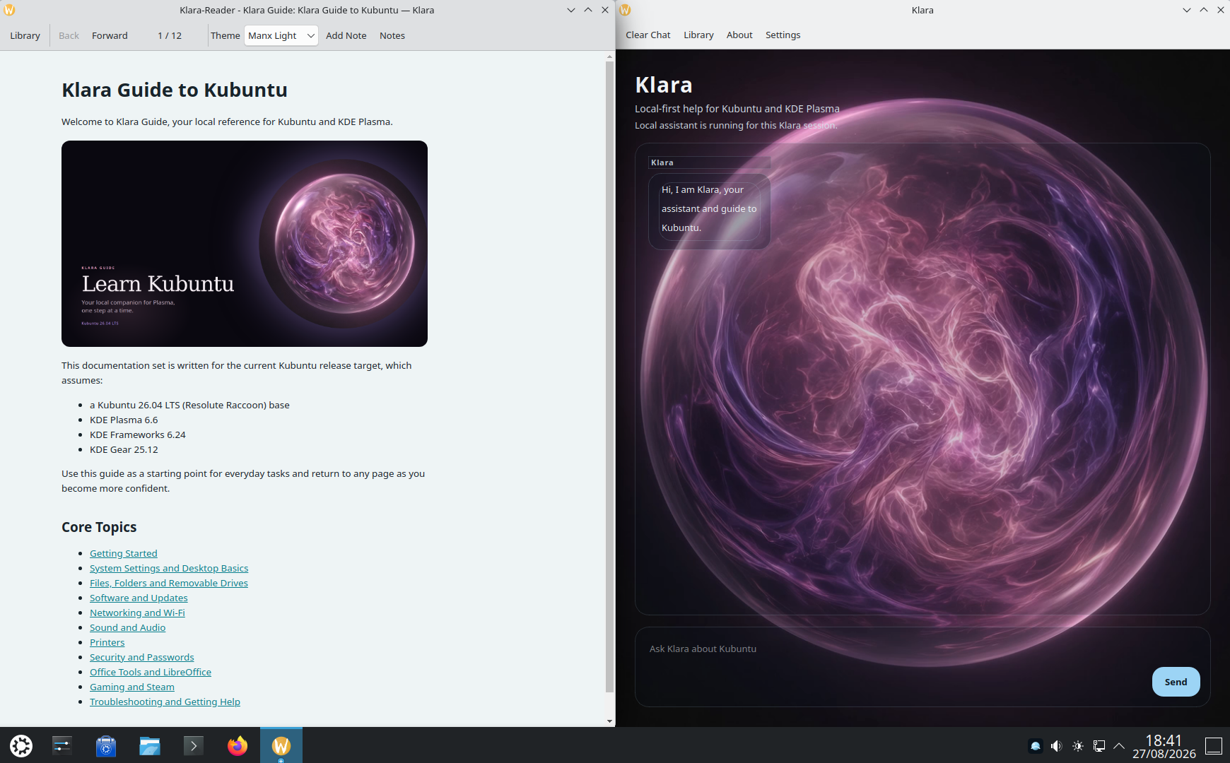 Klara Guide to Kubuntu open in Klara-Reader beside the Klara window