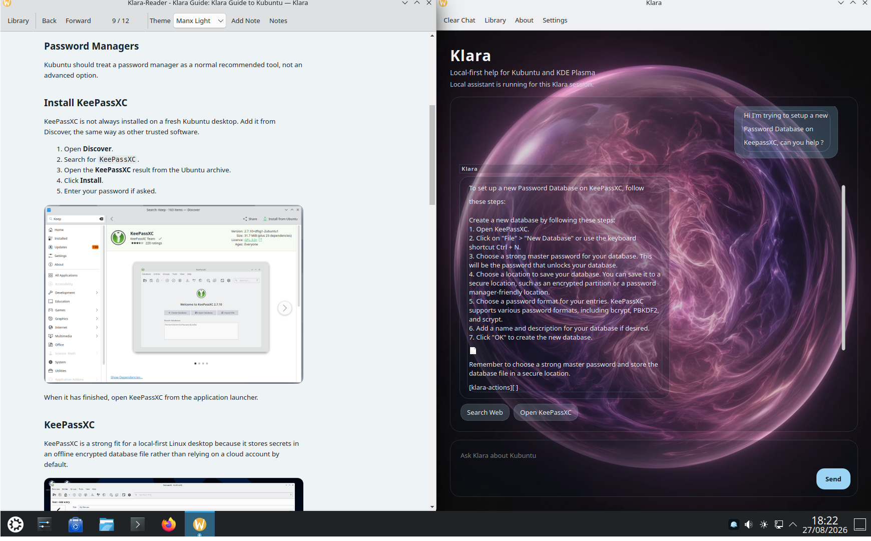 Klara guiding a KeePassXC install: the guide shows Discover steps on the left, and on the right she lists how to create a new password database with an Open KeePassXC action.