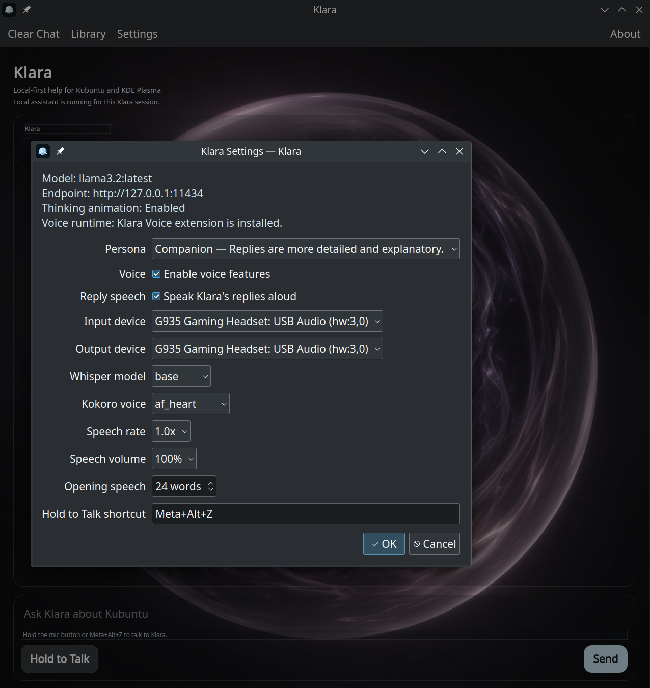 Klara Settings on Kubuntu, with voice enabled, Opening speech set to 24 words, and Hold to Talk shown as a global shortcut. About sits on the right of the toolbar.