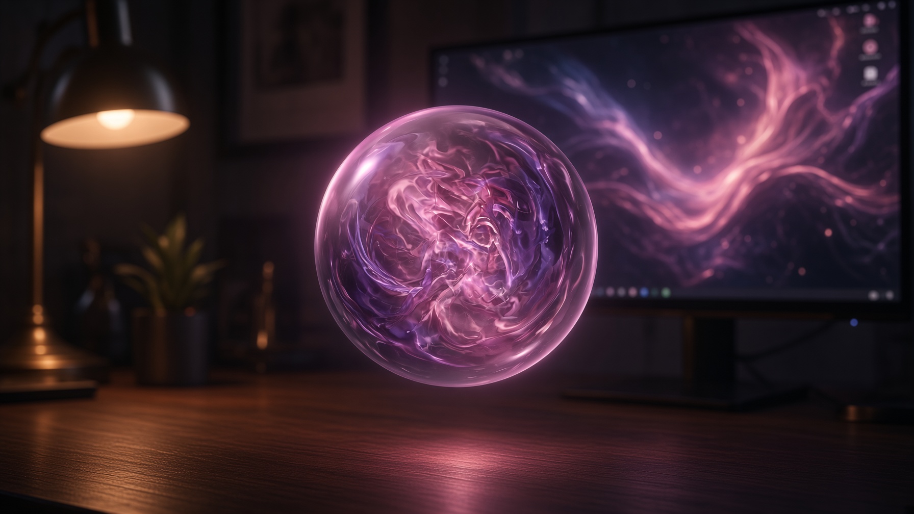 Klara as a plasma orb hovering at a desk in front of a Plasma desktop